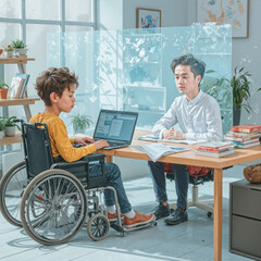 Student in Wheelchair Learning with a Tutor at a Desk