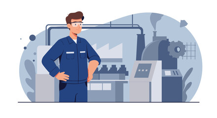 A factory worker in blue uniform stands confidently in a modern industrial plant with machinery and production lines.