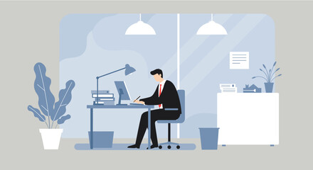 A businessman works at his desk on a landing page design in a modern office, creating a visually appealing and informative web banner for marketing purposes.