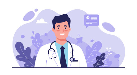 Fototapeta premium a smiling man in a white coat with a stethoscope around his neck. Suitable for landing page, banner, marketing, web design, presentation, infographic, etc.