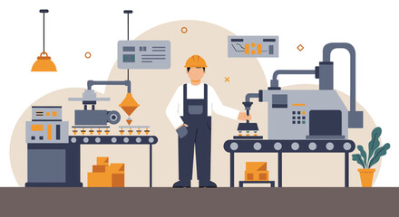 A skilled engineer supervises an efficient manufacturing process on an automated production line, depicted in a clean flat design style.