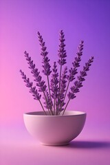 Fototapeta premium Lavender blossoms in a minimalist bowl create a soothing visual with shades of purple, perfect for aromatherapy or a spa-like atmosphere to enhance relaxation.