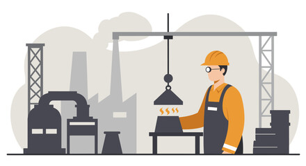 A worker in a hardhat oversees the industrial manufacturing process with machinery in the background, perfect for a marketing banner or landing page illustration.