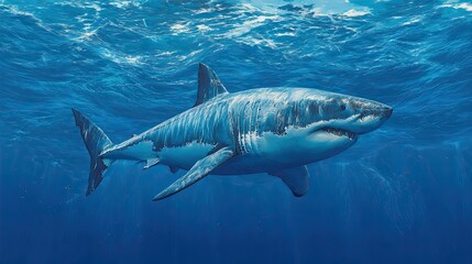 Fototapeta premium Great white shark swimming underwater in deep blue ocean, marine predator wildlife scene with clear light