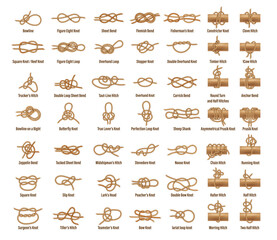 Sail boat rope knots types of marine ship string loops of sailor cables, vector icons set. Rope knot types with names of sailboat fasten strings and cords, square and overhand or sheet and sailor knot