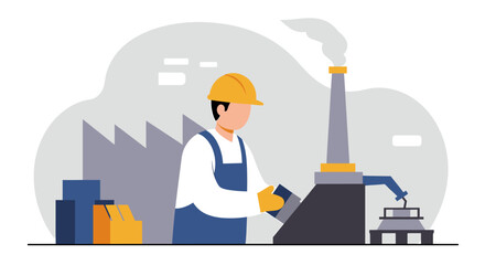Flat design illustration of a factory worker operating machinery in an industrial plant, perfect for landing pages, banners, marketing materials, and presentations.