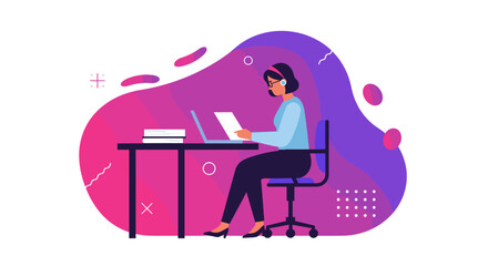 a woman seated at a desk, engrossed in work on a laptop, with a headset on her head. Suitable for landing page, banner, marketing, web design, presentation, infographic, etc.