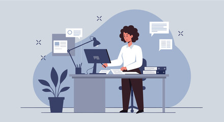 A young professional woman works at her desk on a computer in a modern office, creating a presentation for a marketing campaign with a flat design style.