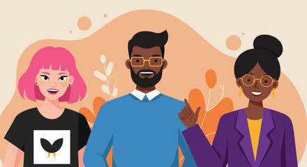 Three stylized individuals are depicted against a floral backdrop. Suitable for landing page, banner, marketing, web design, presentation, infographic, etc.