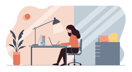 An engaging flat design illustration portrays a productive woman working on her computer, ideal for web design, marketing, and online content.