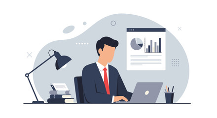 A professional businessman works diligently on his laptop at a modern desk, analyzing data with a presentation display, rendered in a flat design illustration.