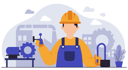 An illustrative flat design depicts a factory worker in a protective helmet and overalls, operating machinery within an industrial setting, perfect for marketing and web design.
