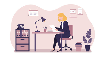 A businesswoman sits at her desk, reviewing documents under the lamp, in a modern office setting, suitable for a landing page or marketing banner design.