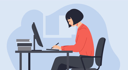 a woman seated at a desk, engrossed in work on a computer, with a stack of books beside her. Suitable for landing page, banner, marketing, web design, presentation, infographic, etc.