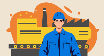 A factory worker in uniform stands in front of an industrial plant, representing manufacturing and industry with a modern flat design style.