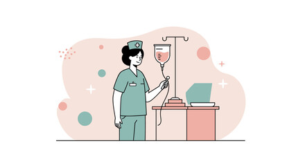 Flat design illustration of a female nurse administering an IV drip, perfect for healthcare websites, presentations, and marketing materials needing a clean and modern aesthetic.
