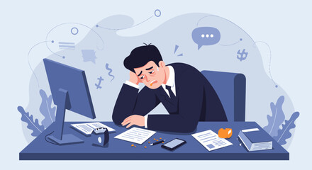 A frustrated businessman sits at his desk with a computer, surrounded by scattered papers, illustrating the challenges of modern office work in a flat design style.