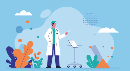 a doctor in a white coat and hat, gesturing towards a clipboard with a medical symbol. Suitable for landing page, banner, marketing, web design, presentation, infographic, etc.