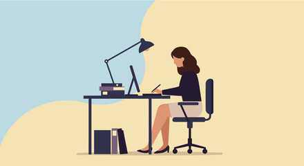 A stylish young woman working at her desk with a computer, books, and lamp, creating a design or presentation for a marketing campaign in a modern office.