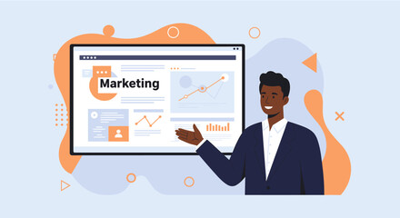 Friendly businessman presenting a digital marketing strategy on a landing page banner, using charts and graphs in a flat design style for web design and presentations.