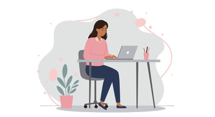 A woman is depicted working diligently on a laptop at a desk, a flat design illustration perfect for business and marketing materials, ideal for web design and presentations.
