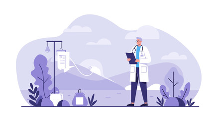 Obraz premium A medical professional stands outdoors, reviewing medical information next to an IV drip, set against a scenic landscape, ideal for healthcare, marketing, and web design projects.