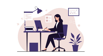 A professional woman is depicted working at her computer in a modern, minimalist workspace, ideal for illustrating business concepts and digital marketing strategies.