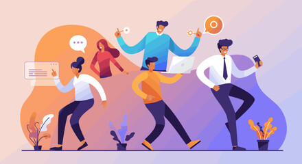 a group of people engaged in various activities, with one person holding a laptop and another a phone, all Suitable for landing page, banner, marketing, web design, presentation, infographic, etc.