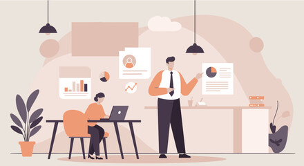 A business professional presents data and charts to a colleague working on a laptop in a modern, flat design office illustration.