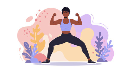 a woman in a fitness pose with her arms flexed. Suitable for landing page, banner, marketing, web design, presentation, infographic, etc.