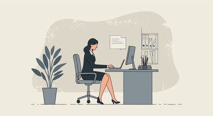 a woman seated at a desk, working on a laptop with a desktop computer and office supplies in front of her. Suitable for landing page, banner, marketing, web design, presentation, infographic, etc.