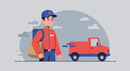A flat design illustration depicts a delivery person standing next to a red truck, ideal for marketing materials promoting fast and reliable shipping services on a landing page.