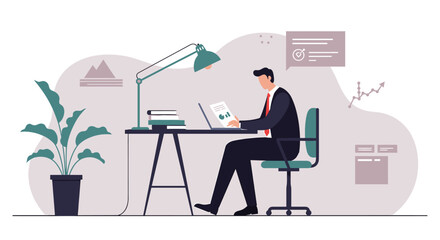 A man dressed in a suit is seated at a desk, working on a laptop with a lamp illuminating his workspace. Suitable for landing page, banner, marketing, web design, presentation, infographic, etc.