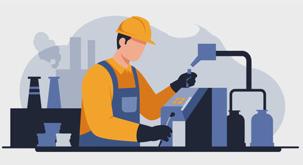 A male factory worker in a hard hat and overalls operates machinery on a production line in an industrial plant, depicted in a modern flat design illustration.