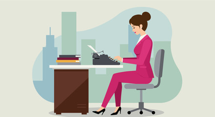 Stylish businesswoman using a vintage typewriter in a modern city office, flat design illustration perfect for landing pages, banners, marketing presentations, and web design projects.