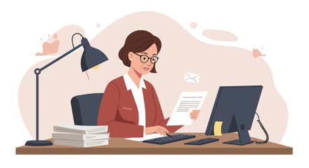 a woman seated at a desk, engrossed in work with a computer, papers, and a lamp nearby. Suitable for landing page, banner, marketing, web design, presentation, infographic, etc.