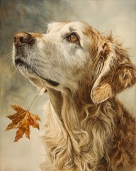 Golden retriever with a leaf, gazing thoughtfully upwards.