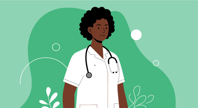 A confident Black female doctor or nurse stands smiling in a modern flat design illustration, set against a vibrant green background, ideal for healthcare marketing.