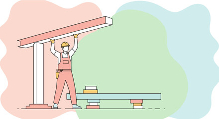A construction worker in overalls and hard hat is installing a steel beam, showcasing a flat design illustration suitable for a landing page or infographic.