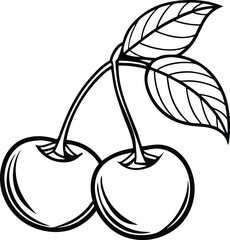 Vibrant red cherries with double stems and a green leaf isolated on white background isolated on transparent background