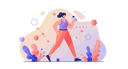 A modern flat design illustration depicts a woman walking and holding a water bottle, perfect for health, wellness, or digital marketing concepts.