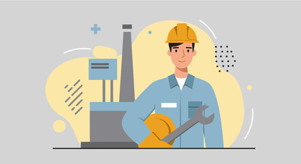 Friendly industrial worker in flat design, perfect for landing pages, banners, marketing, and presentations needing a modern and approachable aesthetic for web design and infographics.