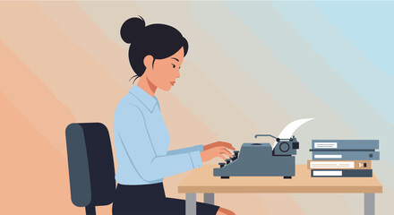 A woman is seated at a desk, typing on a typewriter with a stack of books beside it. Suitable for landing page, banner, marketing, web design, presentation, infographic, etc.