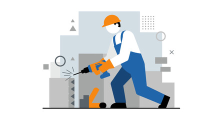 A construction worker using a drill in a flat design illustration, perfect for landing pages, banners, marketing materials, and presentations.