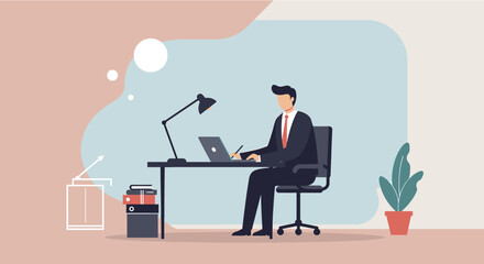 Fototapeta premium A businessman sits at his desk working on a laptop, creating a modern and professional flat design illustration suitable for a landing page or marketing banner.