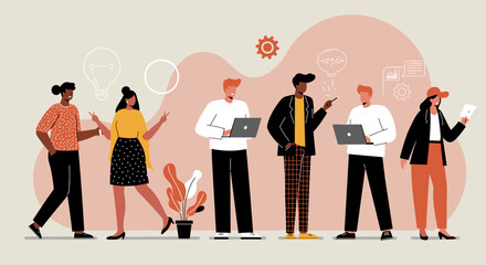 Diverse group of people collaborating on laptops and discussing ideas, perfect for business presentations and web design.