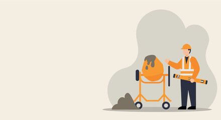 Flat design illustration of a construction worker with a cement mixer, perfect for landing pages, banners, marketing materials, presentations, and web design projects needing a construction theme.