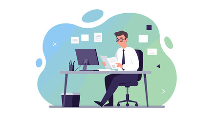 A focused illustration depicts a professional individual at a desk, reviewing documents and analyzing data, ideal for business, marketing, and web design projects.