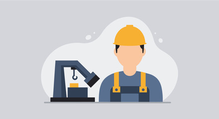 Flat design illustration of a construction worker in a hard hat and overalls standing next to industrial machinery on a landing page.