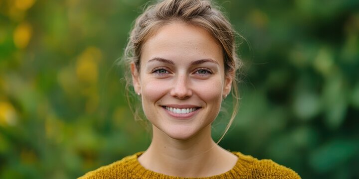 World smile day with mood and happiness idea. Smiling woman in a green outdoor setting.